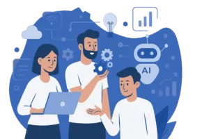 Flat-style illustration showing digital tools enhancing business productivity through AI automation