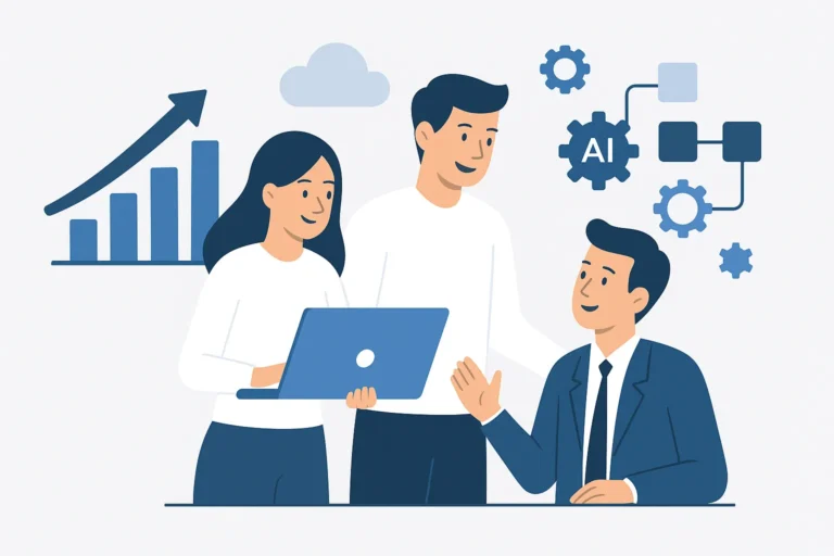 Illustration of a consulting team discussing AI automation strategies and business scalability