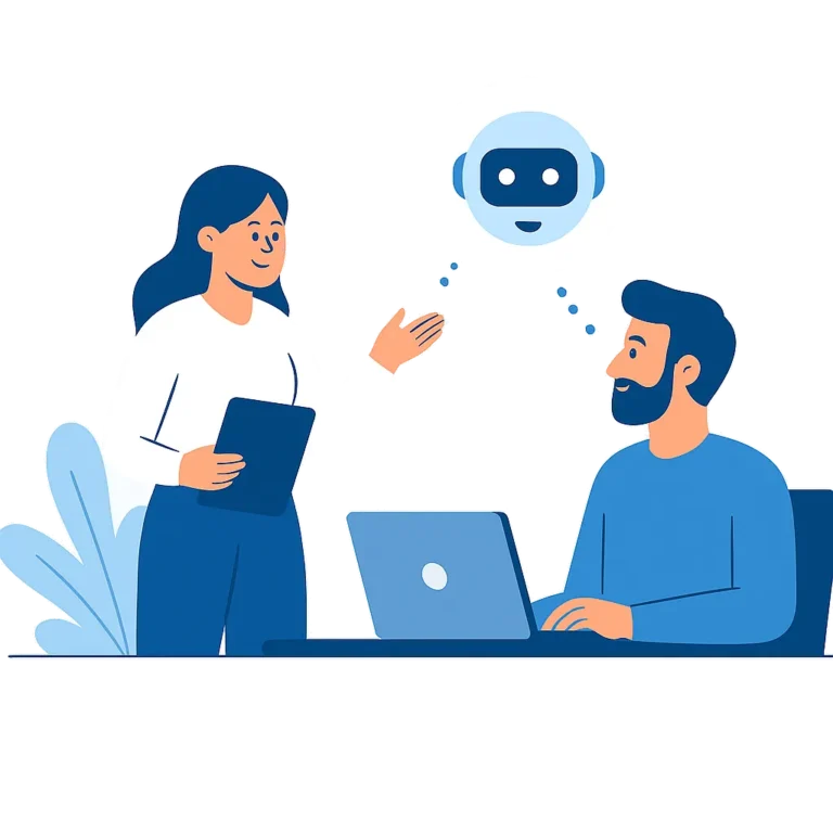 Two professionals discussing AI automation with a robot icon, one using a laptop