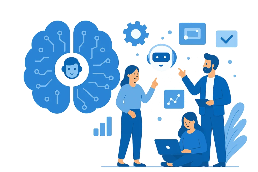 Flat-style illustration showing people interacting with AI automation tools and icons in a business environment.