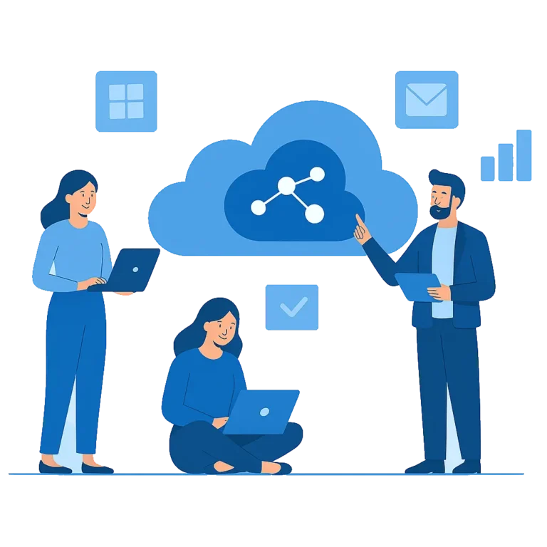 Illustration of professionals discussing cloud IT solutions with laptops and tablets around a central cloud icon