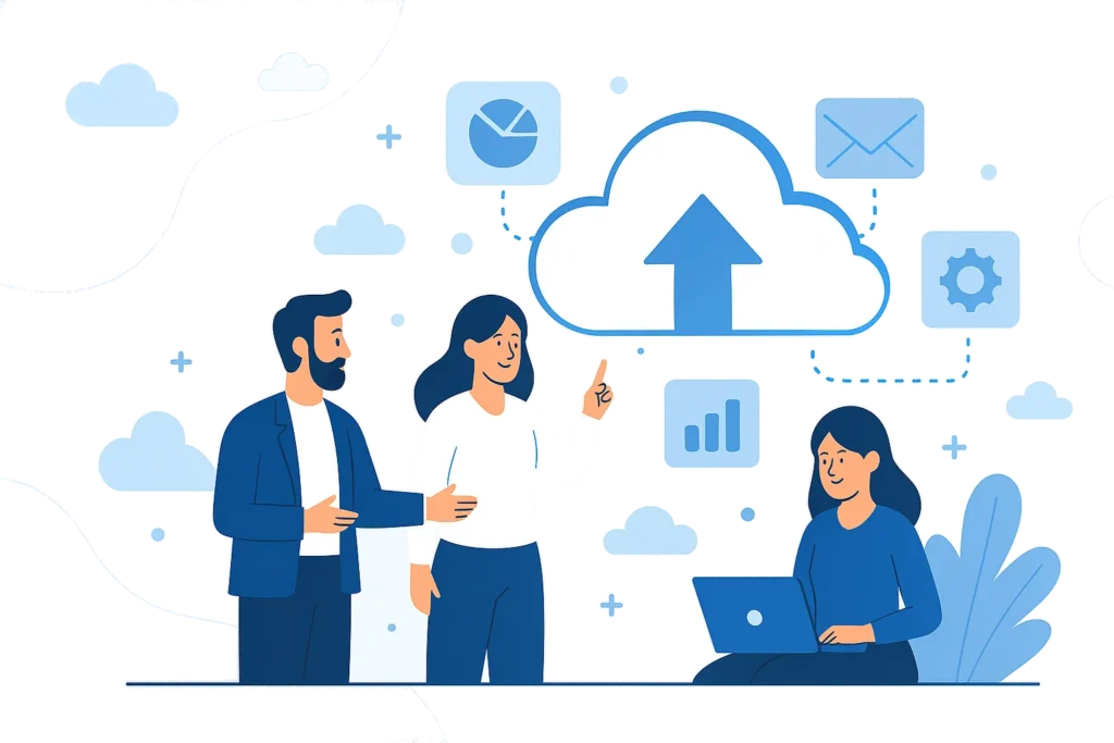 Flat-style illustration showing tailored cloud IT services for businesses, featuring three professionals planning with cloud symbols in background.
