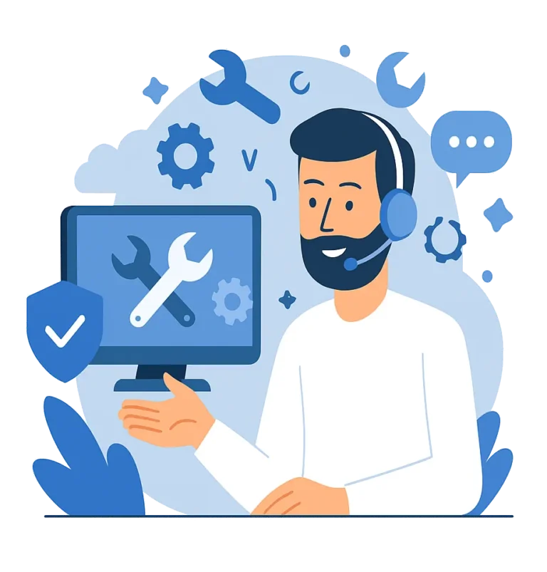 Illustration of a technician and tools symbolizing complete IT support services