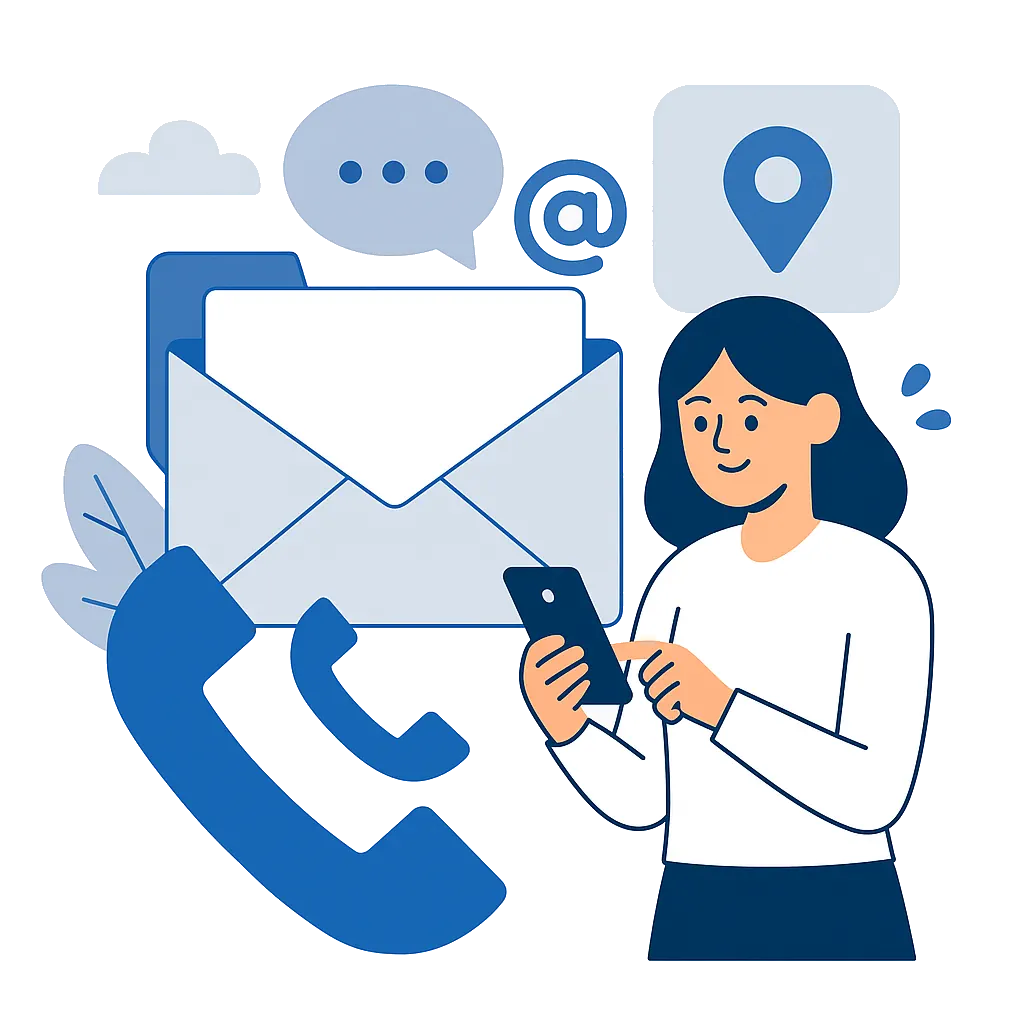 Flat-style digital illustration of a contact support concept, featuring a help desk agent, speech bubbles, and communication icons, representing JZ Technologies’ customer service