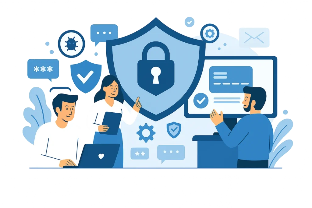 Flat-style digital illustration showing core cybersecurity service elements like data protection, malware scanning, and secure access in a business IT environment