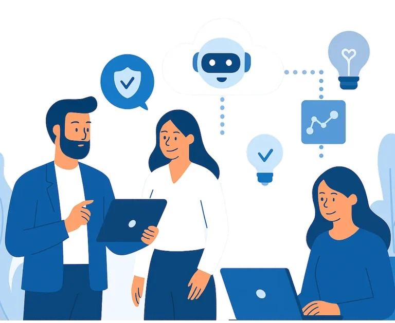 Flat-style digital illustration of three business professionals collaborating with AI tools and technology.