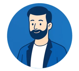 Flat-style digital illustration of Jacek Zurowski, founder of JZ Technologies, speaking to two professionals, symbolizing leadership and innovation