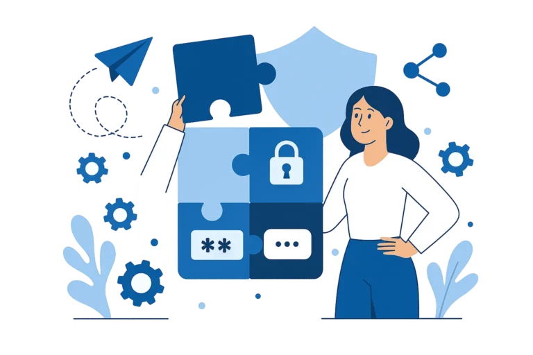 Flat-style illustration of a woman assembling cybersecurity puzzle pieces