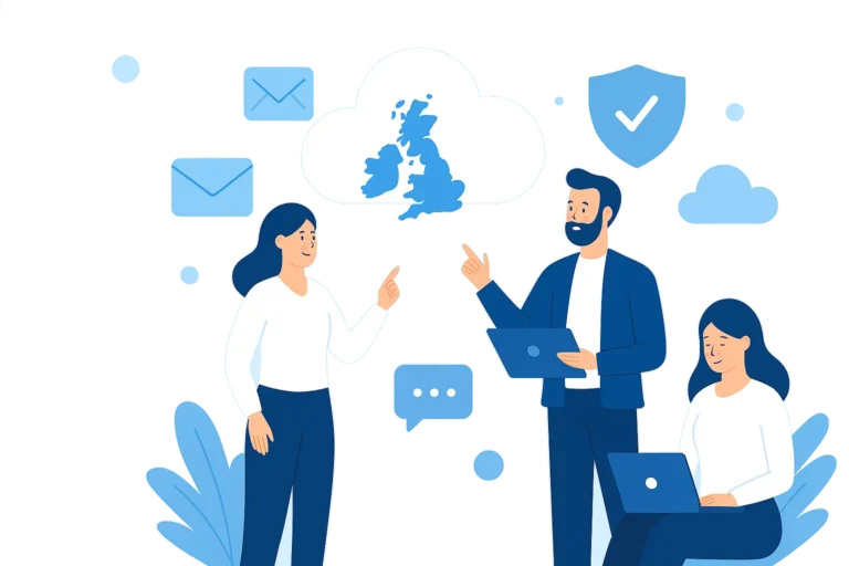 Illustration of three professionals discussing cloud IT support services in a modern tech environment