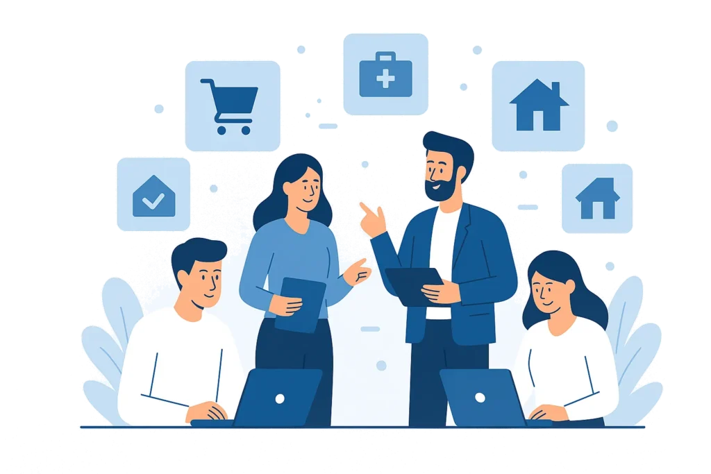 Flat-style illustration of four diverse business professionals collaborating, with industry icons representing healthcare, retail, and real estate.