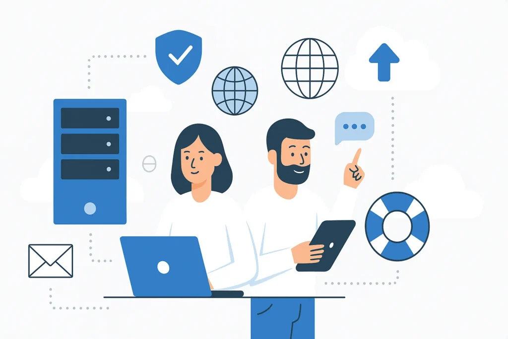 Flat-style digital illustration showing essential IT support package services for UK businesses, including monitoring, helpdesk, cloud, and cybersecurity.
