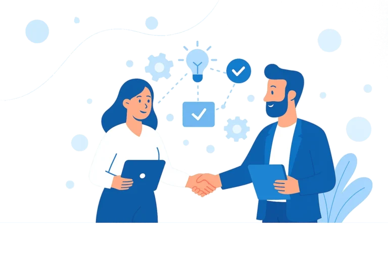 Two business professionals shaking hands with innovation and teamwork icons in the background.