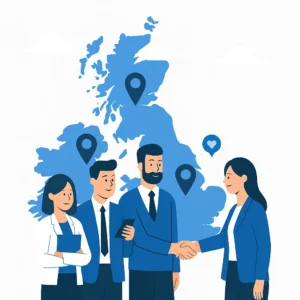Flat-style illustration showing UK map with location pins and business professionals