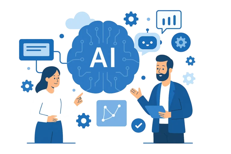 Flat-style digital illustration showing artificial intelligence automation with two people and circuit-like AI brain