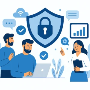 Flat-style illustration of cybersecurity professionals with padlock shield