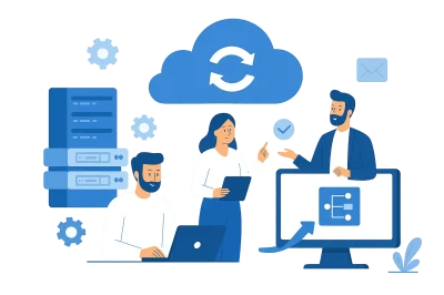 Cloud Migration Process Graphic – JZ Technologies Flat-style digital illustration of cloud migration process with professionals and cloud technology