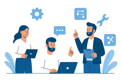 “IT Experts and Automation Strategists in Discussion Team of IT professionals collaborating on automation and problem-solving tasks