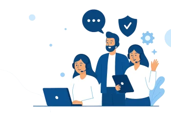 Customer Support Experts – JZ Technologies Flat-style illustration of customer support team helping clients with IT issues