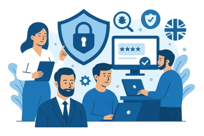 Tailored Cybersecurity Services for UK Businesses – JZ Technologies Flat-style illustration showing tailored cybersecurity solutions for UK businesses, including data protection and IT security teams